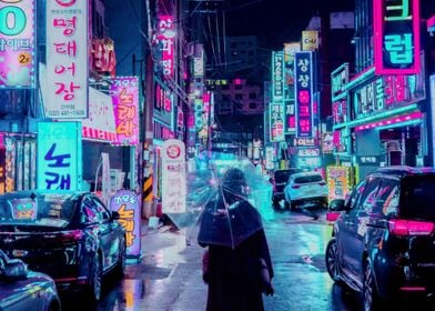 Asian night city rainy