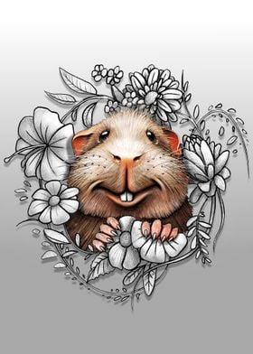 Guinea Pig Between Flowers