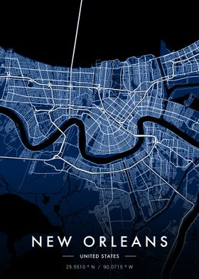 New Orleans City Map Blue