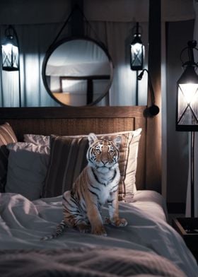 Baby Tiger sitting in bed