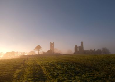 Old ruins in fog