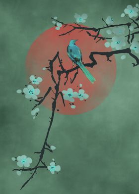 Green bird and red moon