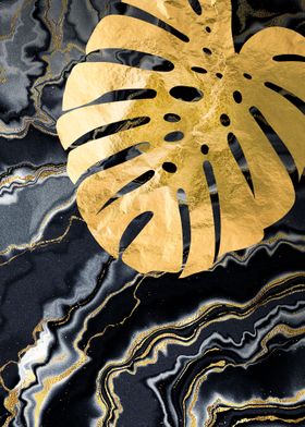 Gold monstera Black marble