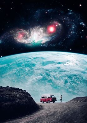 Red van in front of earth