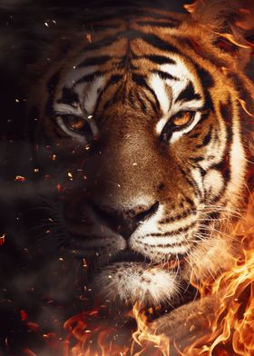 tiger face on fire art  