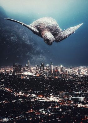 Turtle Flying over City