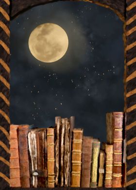  Antique Library with Moon