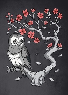 Owl on blossom sakura tree