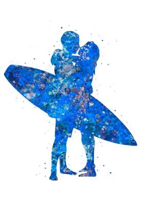 Surfing couple blue art