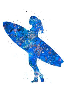 Surfing girl blue art