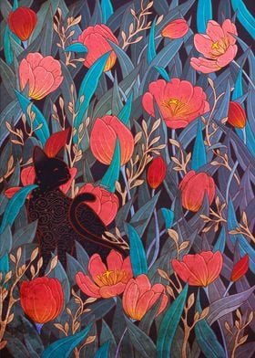 Black cat and tulips
