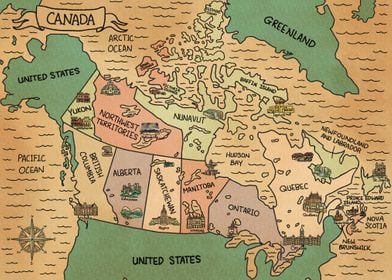Old Colorful Canada Map