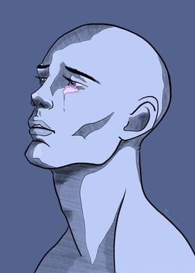 Blue bald man crying pink