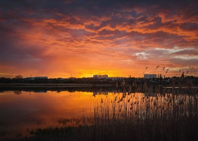 Colorful sunset over lake