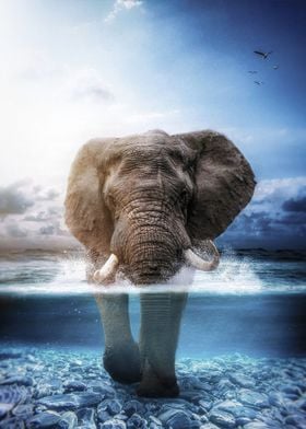 Elephant walk in the sea