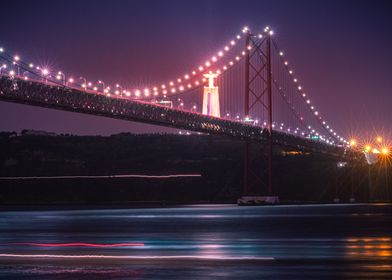 Night neon bridge Lisbon