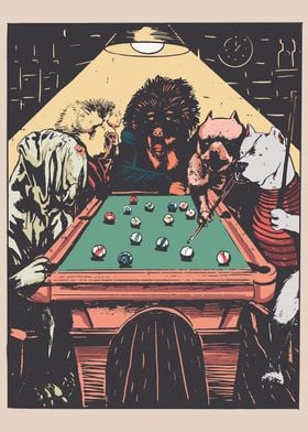 DOGS PLAYING BILLIARDS