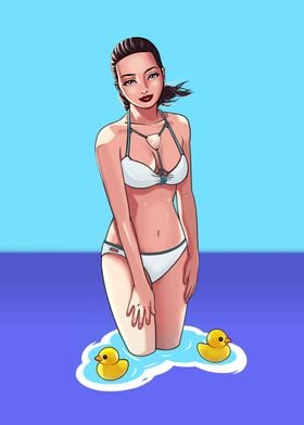 Girl at the beach and duck