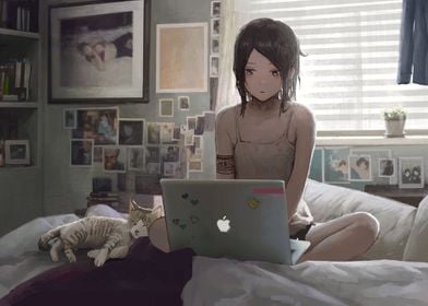 Girl with laptop and cat