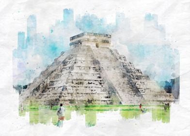 Maya Pyramid Watercolor