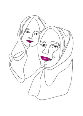 One line art 2 woman hijab