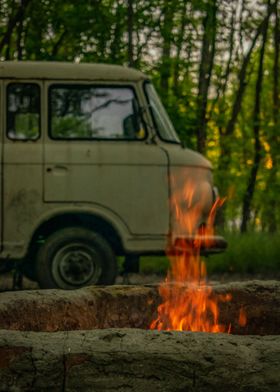 Old Van and Fire