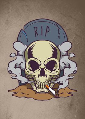 Smoking skull with tomb