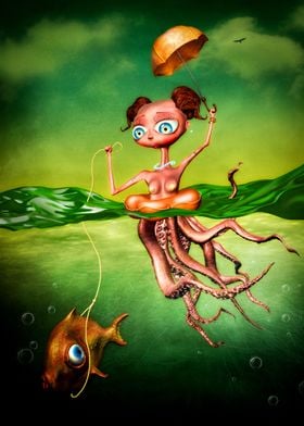 Cute octopus girl in sea