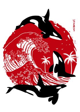 Orcas in the great Wave