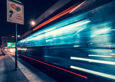 Neon blue lights night bus