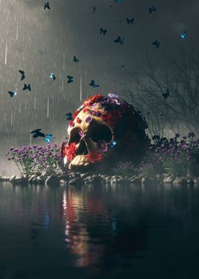SKULL AND FLOWERS
