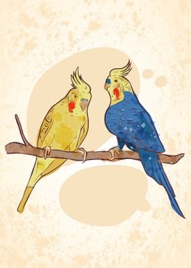 Two Cockatiels On A Stick