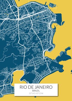 Rio De Janeiro Map Blue Poster By Dkdesign Displate