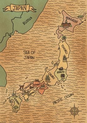 Vintage Colorful Japan Map