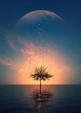 Silhouette Tree and Moon