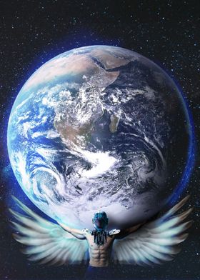 Winged man lifts the earth