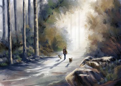 Woman Walking Her Two Dogs