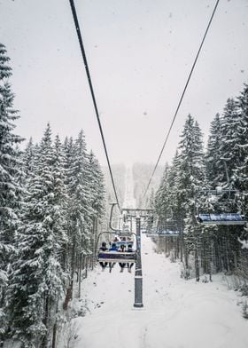 cable car in winter forest
