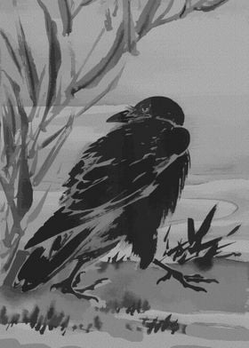 Crow and Reeds by a Stream