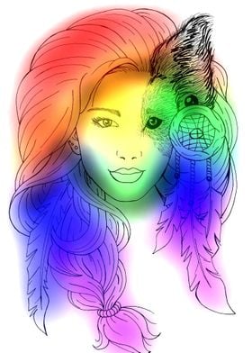 Colorful Woman Face Wolf