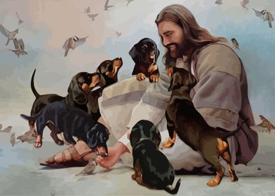 God surrounded by Dachshun