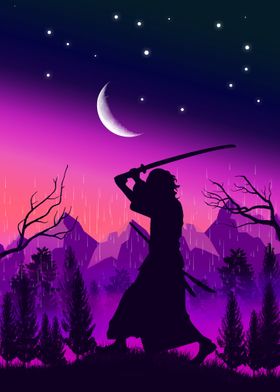 Samurai In Moon Back