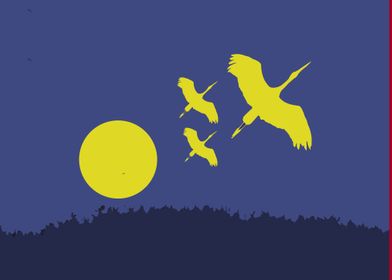 Moon Cranes Birds Flying