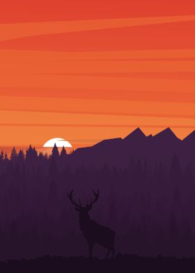 Deer and sunset in mount