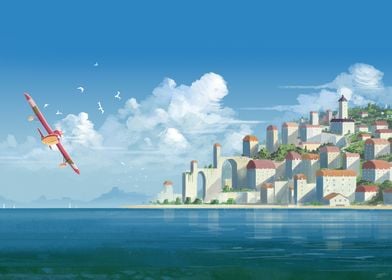 Red bird and coastal city