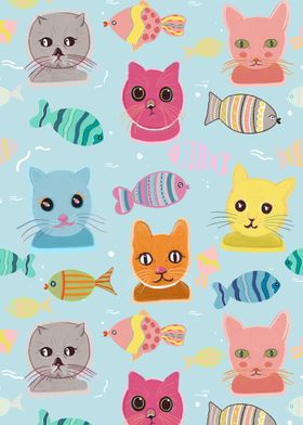 Cat faces with fish