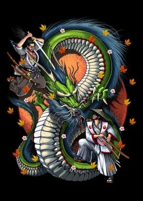 Asian Art Print Samurai And Dragon 
