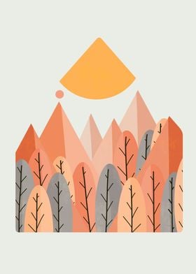 Grey orange forest peaks