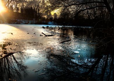 Frozen Pond at Sunset