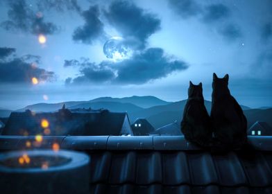Two cats under a full moon